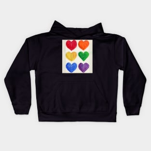 Six Rainbow Hearts Drawn With Oil Pastels On Paper Kids Hoodie